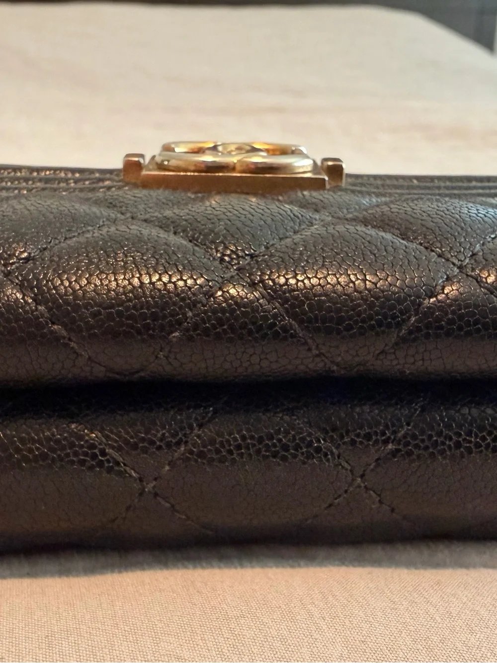 CHANEL Black Quilted Leather Compact Wallet Trifold